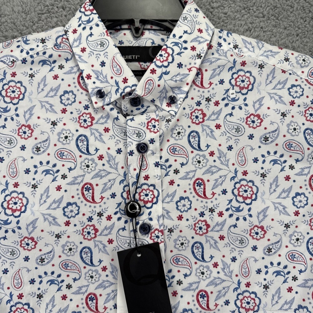 Quieti Stretch Cotton Shirt Mens Small White Paisley SS Button Up NWT